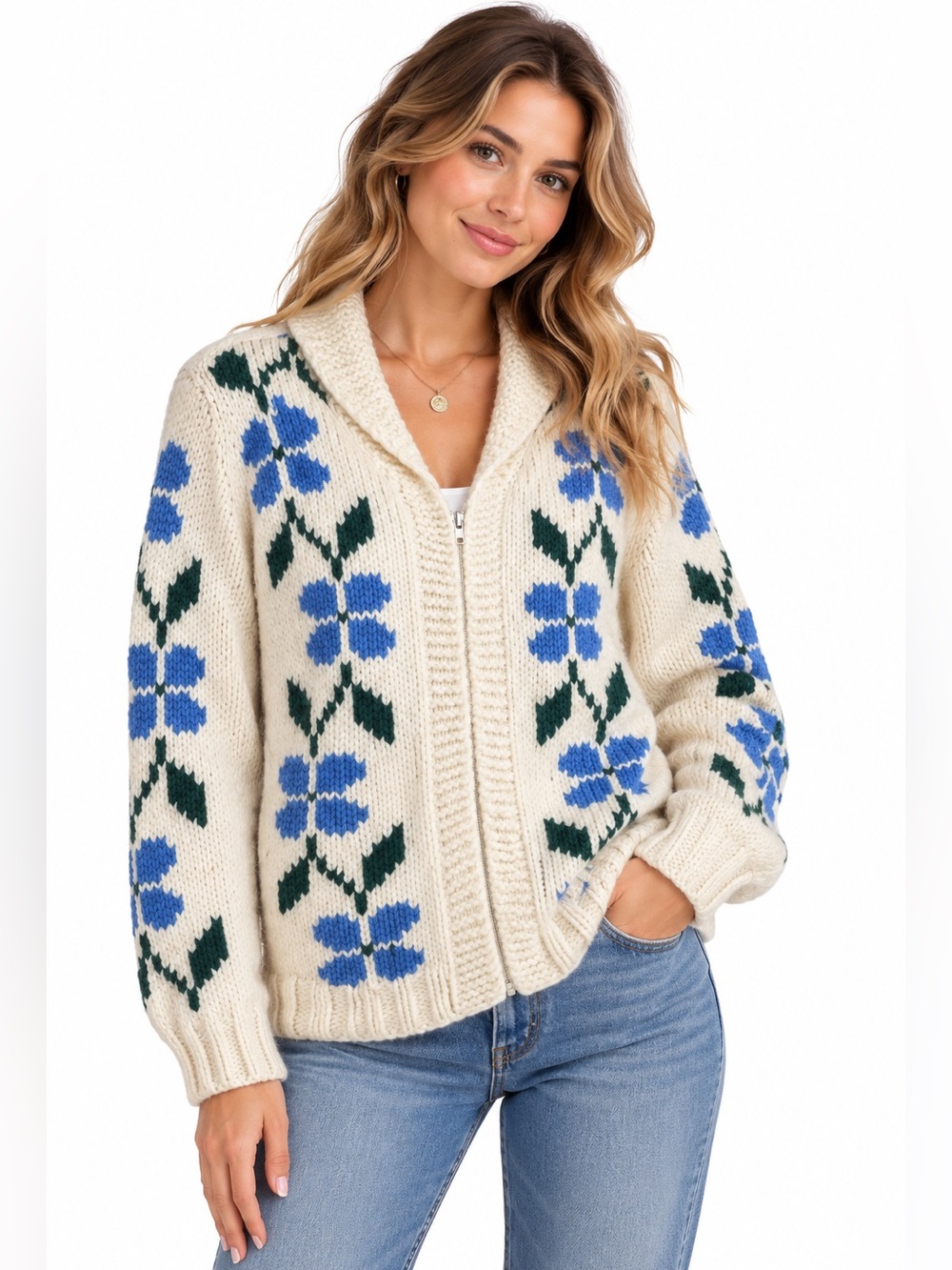 Handmade Cream Blue Floral Fair Isle Inspired Zip Cardigan Folk Knit Heritage